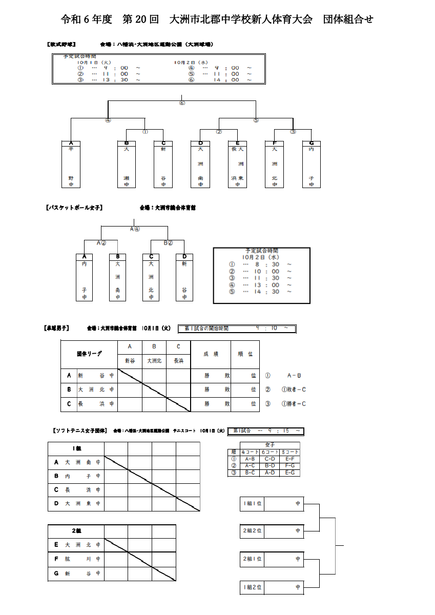 令和6年度第20回大洲市北郡中学校新人体育大会団体組合せ.pdfの1ページ目のサムネイル